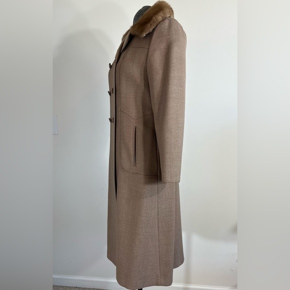 Vintage fur collar wool blend tan beige pea coat, Small - Picture 4 of 16